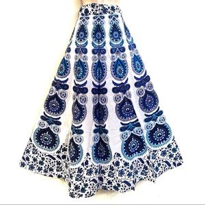 Hippie Indian Block Print Wrap Maxi Skirt Blue
